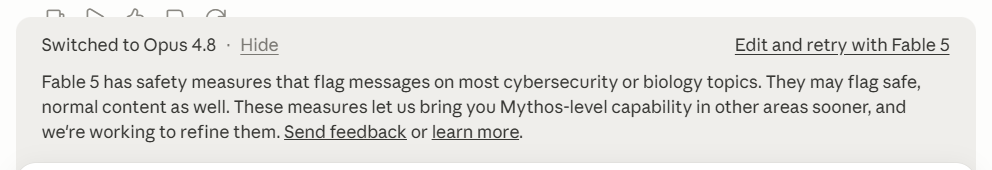 Claude Fable 5 Switching to Opus on questions related to Biology & Cybersecurity