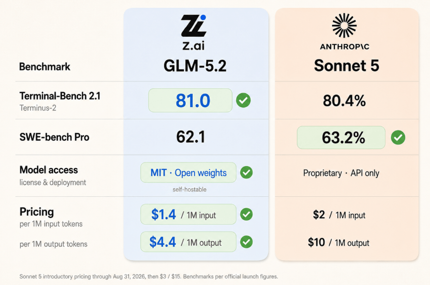 Claude Sonnet 5 vs GLM-5.2 benchmark and pricing comparison card
