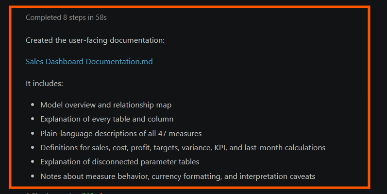 A full Sales Dashboard Documentation.md file covering tables and measures generated in under a minute.