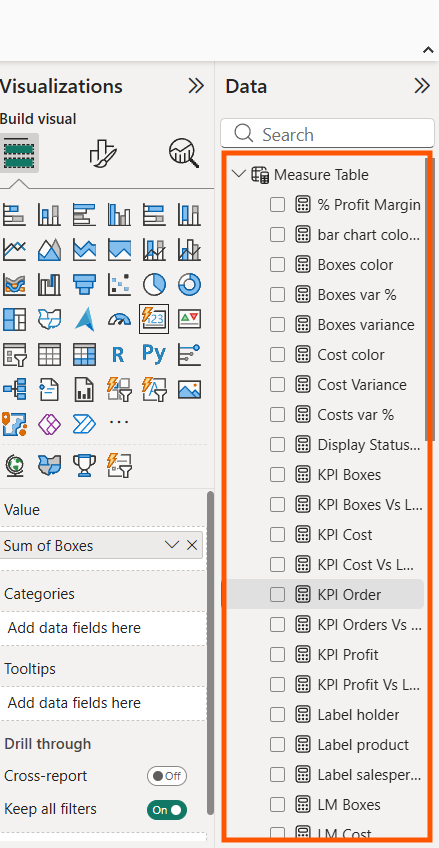 A new Measure Table appears in the Fields pane in Power BI Desktop, with measures moved out of Sales and Finance tables.