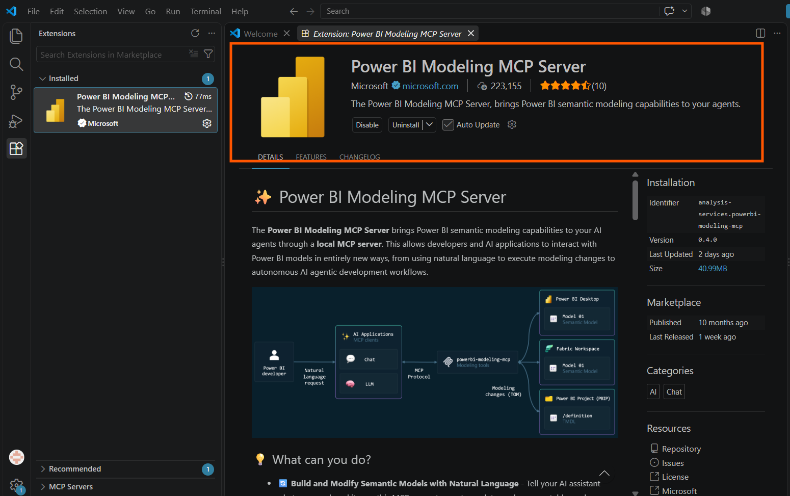 The Power BI Modeling MCP Server extension page in VS Code.