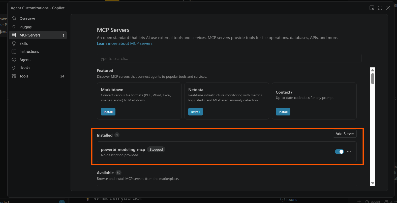 powerbi-modeling-mcp listed under Copilot’s MCP Servers panel.