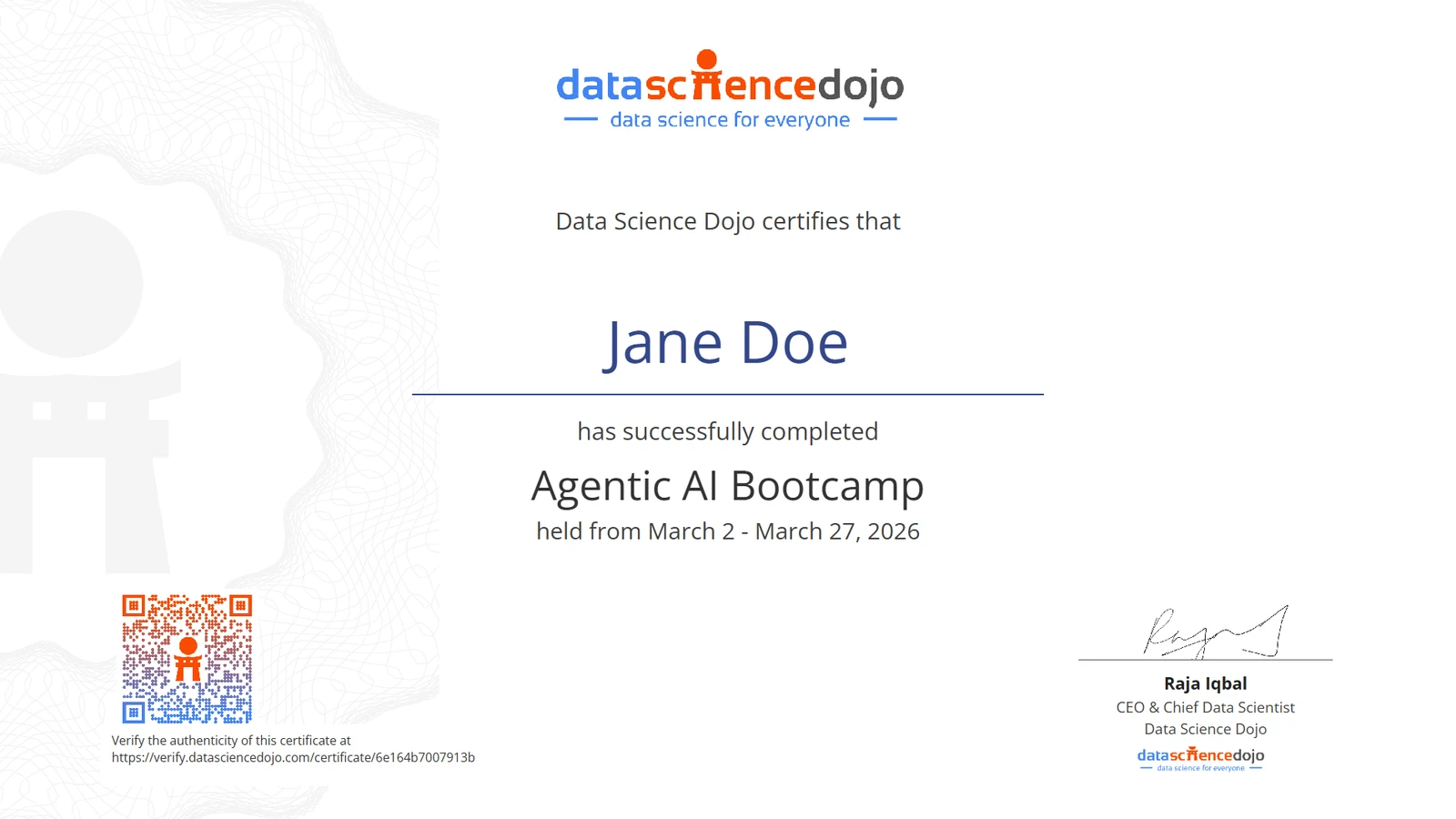 Data Science Dojo verified certificate of completion
