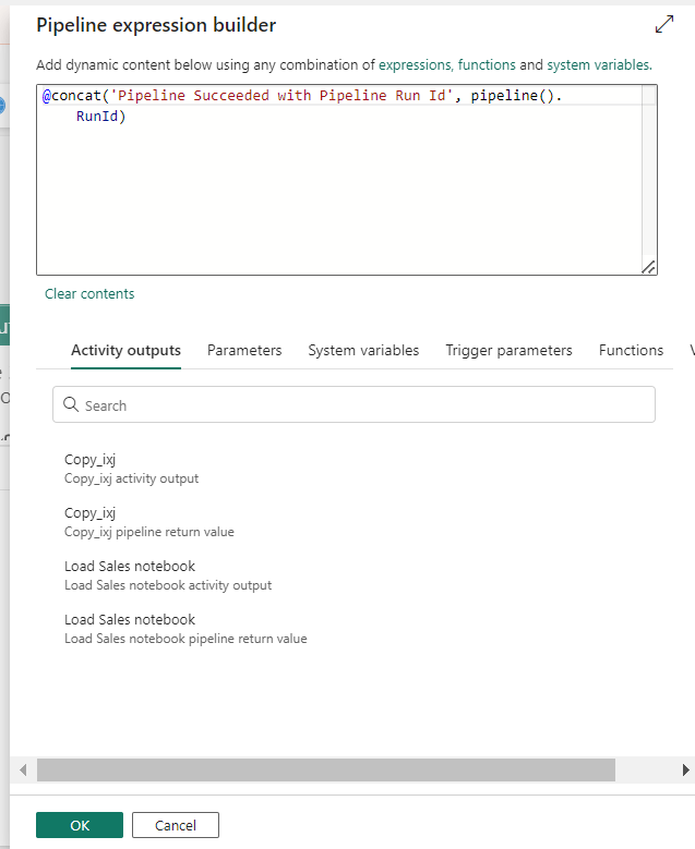 pipeline expression builder - microsoft fabric