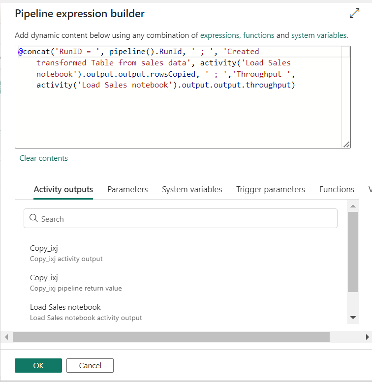 pipeline expression builder 2 - microsoft fabric