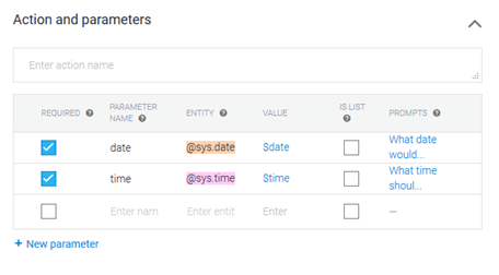 Actions parameters dialog box
