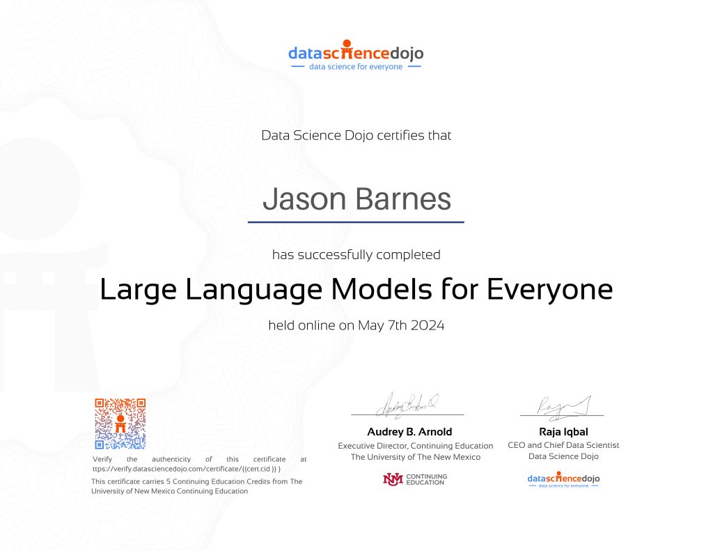 Large Language Models for Everyone Certificate | Data Science Dojo