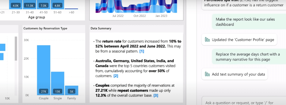 narrative generation by Microsoft PowerBI Copilot - business intelligence dashboards