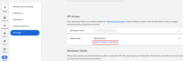 Data Factory/ Azure Synapse: Applying for basic API Access in Google Ads