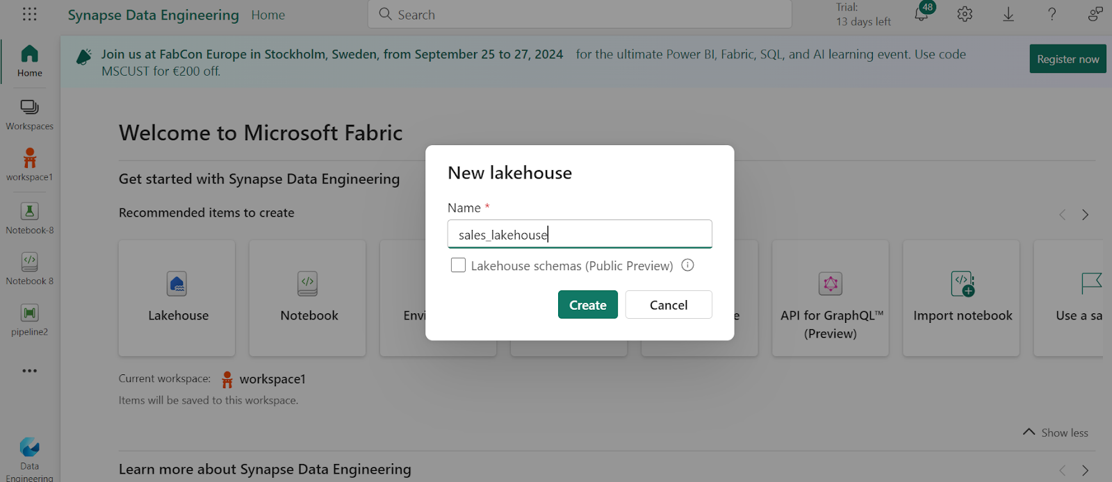 creating lakehouse - Microsoft Fabric