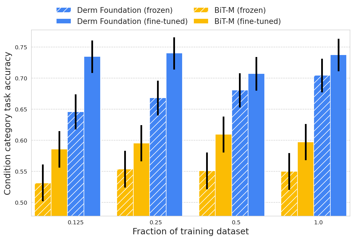 Derm Foundation outperforms BiT-M (a standard pre-trained image model)