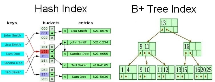 Different data representation in a Hash and B-Tree Index