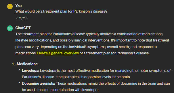 GPT's response to inquiry about Parkinson's disease