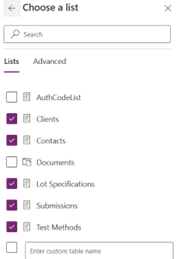 Selecting Lists for Sharepoint Site in Power Apps
