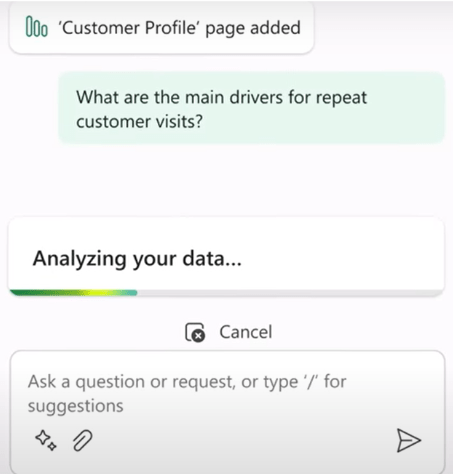 asking analysis question from Microsoft Copilot - business intelligence dashboards