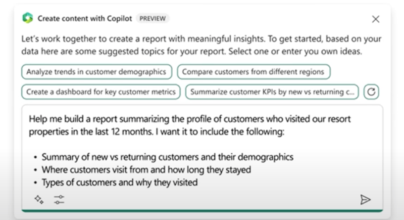 report creation prompt using Microsoft Copilot - business intelligence dashboards